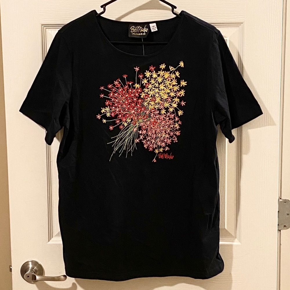 NWOT Bob Mackie Wearable Art Black Floral T-Shirt